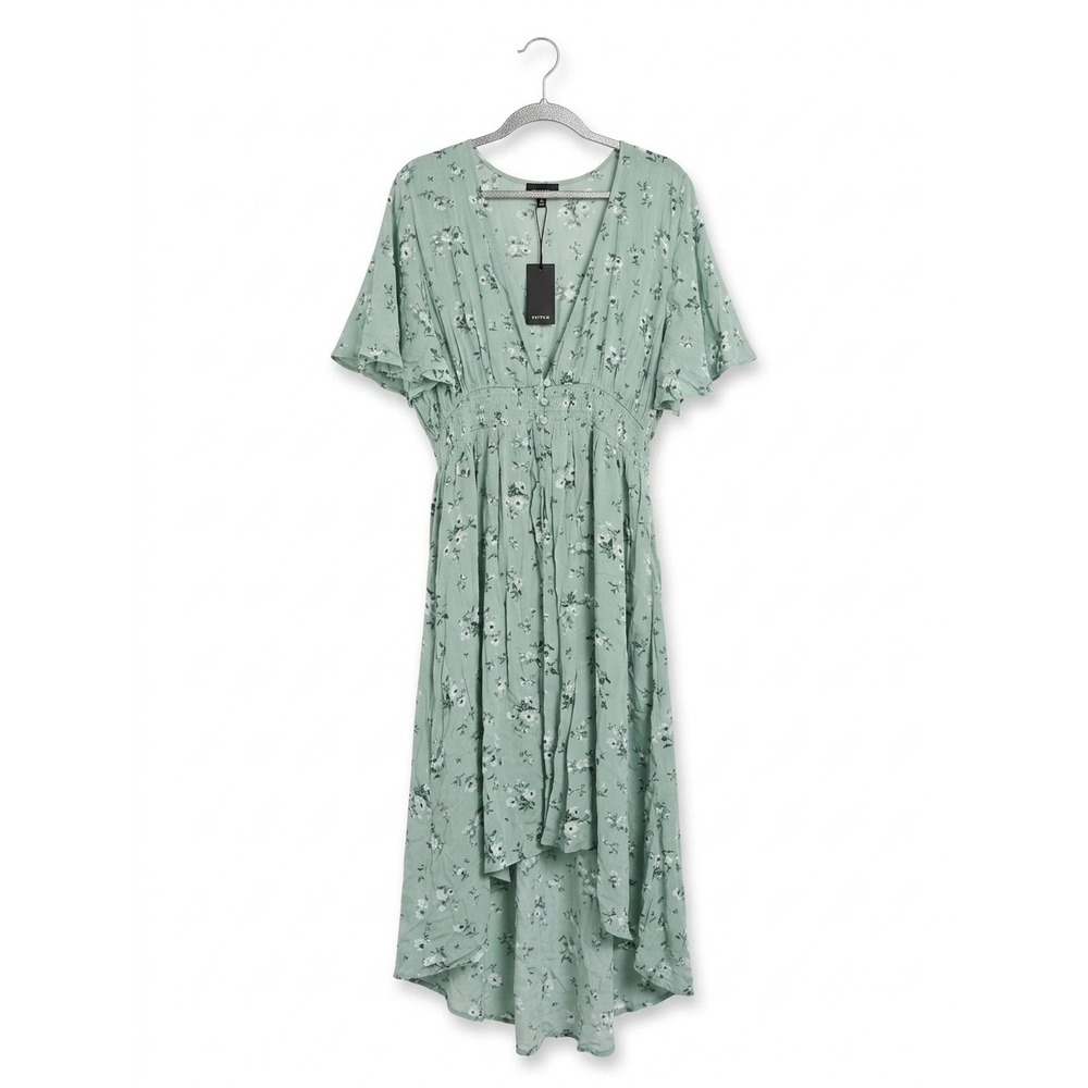 Heyson Sage Green Floral Cottagecore Duster High Low Smocked Waist Large NWT